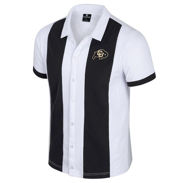 Black and white color block button-up shirt with CU Buffalo logo on the left chest, featuring clear buttons and black sleeve trim.